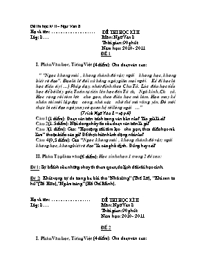 Đề thi học kỳ II môn Ngữ văn Lớp 8 - Năm học 2010-2011 (Có đáp án)